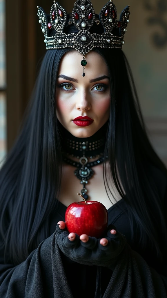 fille,cheveux longs noirs，reine noire，Accessoires，Pomme à la main，pommes empoisonnées，Reine Sorcière，rouge à lèvres, superposition,portrait femme brune