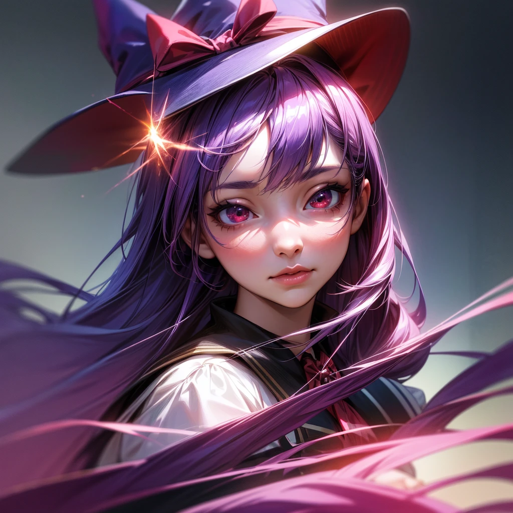 1girl, beautiful girl with long purple hair, witch hat, school uniform, long wand, boots, red bow, red eyes, about to release magic, hair tied to one side, detailed eyes, detailed lips, extremely detailed face, longeyelashes, fantasy, magical girl, cinematic lighting, vibrant colors, (best quality,4k,8k,highres,masterpiece:1.2),ultra-detailed,(realistic,photorealistic,photo-realistic:1.37),portrait