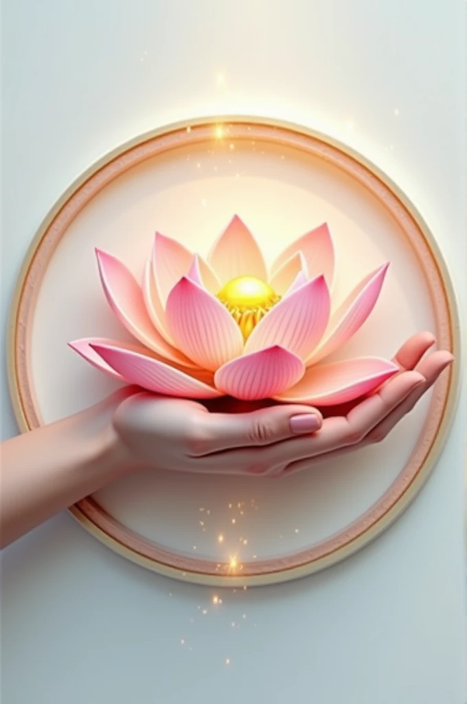 Un logo très détaillé hyper réaliste d'une main tenant une belle fleur de lotus revisité améliorée encore jamais vue, des étincelles et des lueurs doré
Le tout dans un cercle double parois
Fond clair et couleur pastel
