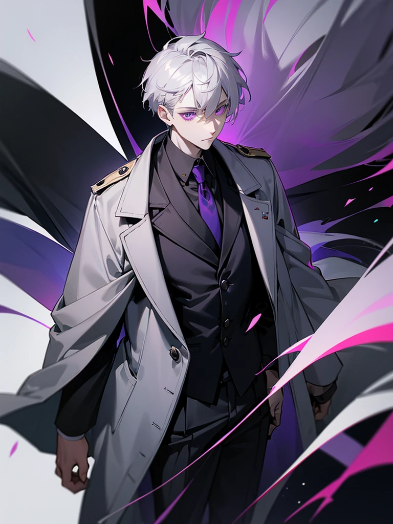 A young man with gray hair and purple eyes and pale skin, He is thin and wears a grey wool coat with a black jacket over it., a NASA brooch in this.