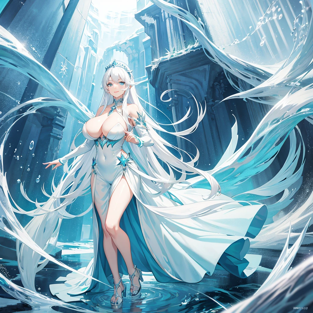 Anime ice princess full body view with perfect hands, huge Breasts,white hair, aqua eyes, ice woman, hands hidden, living room, smile, ice world