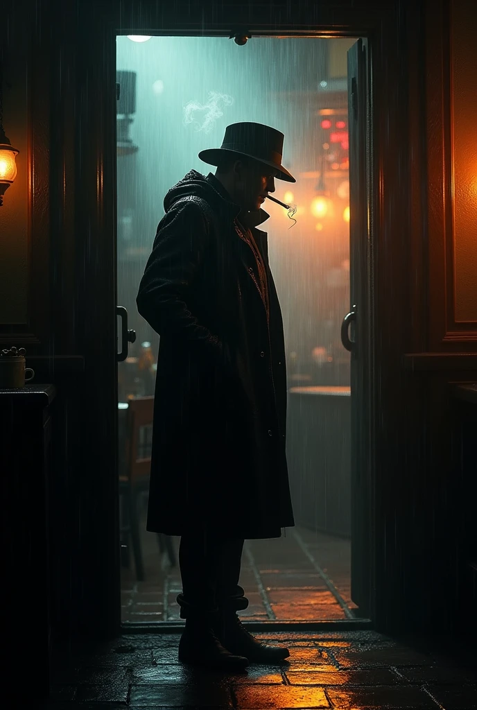 Mysterious man in raincoat smoking at the door of a bar seen from inside the bar