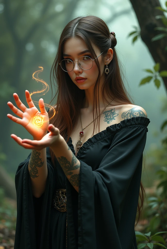 A witch A brown-haired woman with long straight hair, light brown eyes, eyelashes, tattoos, white with glasses and her witch&#39;s knot 