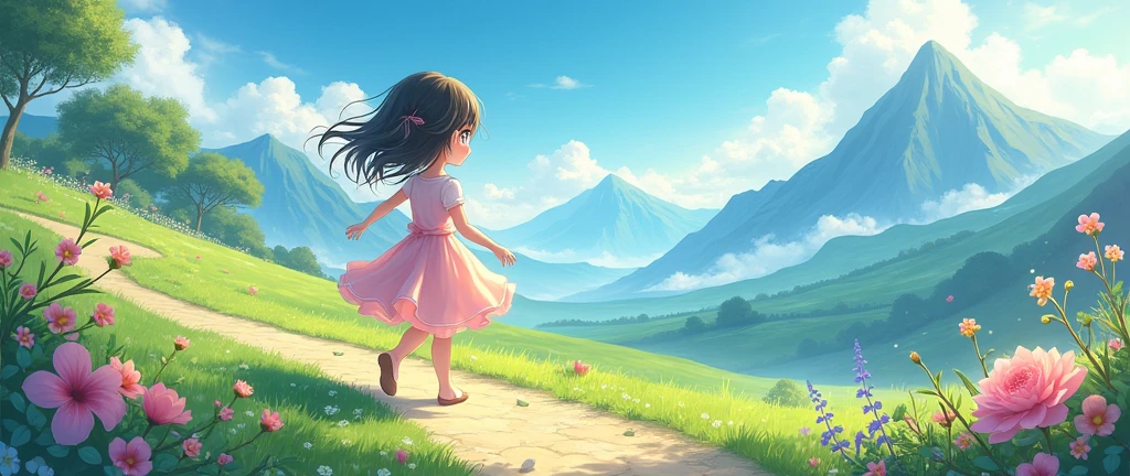 Anime girl, kawaii, walk, beautiful landscape