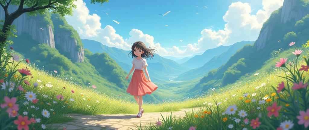 Anime girl, kawaii, walk, beautiful landscape
