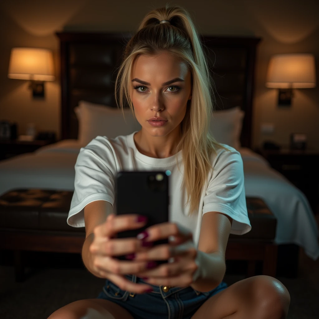 blonde Sexbombe , Ponytail hair, wear a large white T-shirt, sitting on an office desk in a hotel room and taking a close-up selfie at night