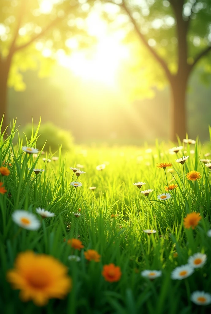 Bright morning in the garden with lots of grass