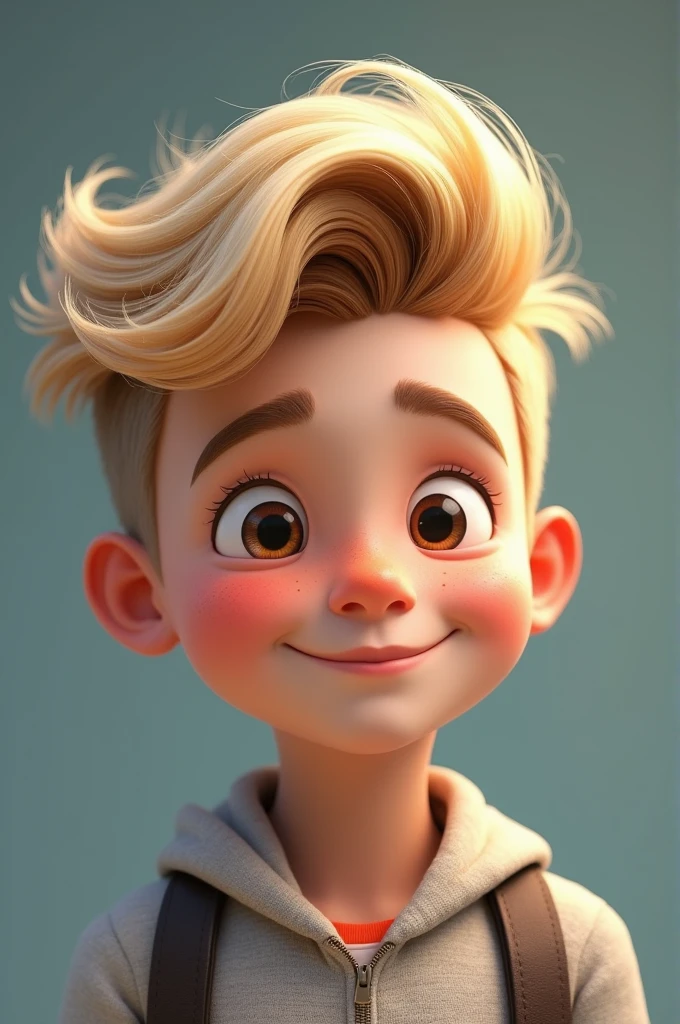 Model, young boy, with blonde hair is styled in a modern and trendy manner, with a voluminous top that is swept to one side and slightly textured. The sides are closely trimmed, creating a contrast with the longer hair posing ‘ cute smile 