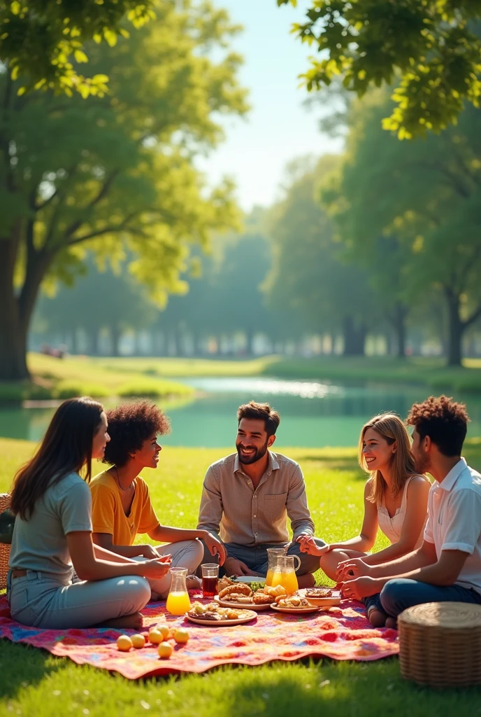 Group of friends sitting in the park having a picnic
