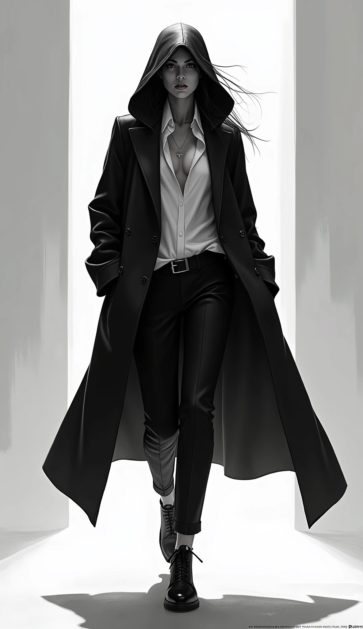 Concept art of a woman in a black and white suit and hoodie walking, inspired by Marek Okon and trending on Artstation. This neo-figurative piece draws influence from Spider-Gwen and the style of graphic artist Artgerm, showcasing extremely detailed and captivating visuals in the manner of Krenz Cushart and Artgerm.