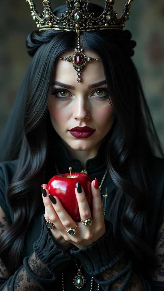 fille,cheveux longs noirs,reine noire,Accessoires,Pomme à la main,pommes empoisonnées,Reine Sorcière,rouge à lèvres, superposition,portrait femme brune