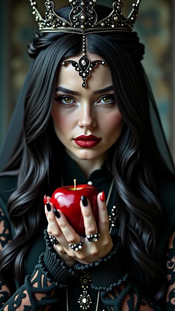 fille,cheveux longs noirs，reine noire，Accessoires，Pomme à la main，pommes empoisonnées，Reine Sorcière，rouge à lèvres, superposition,portrait femme brune