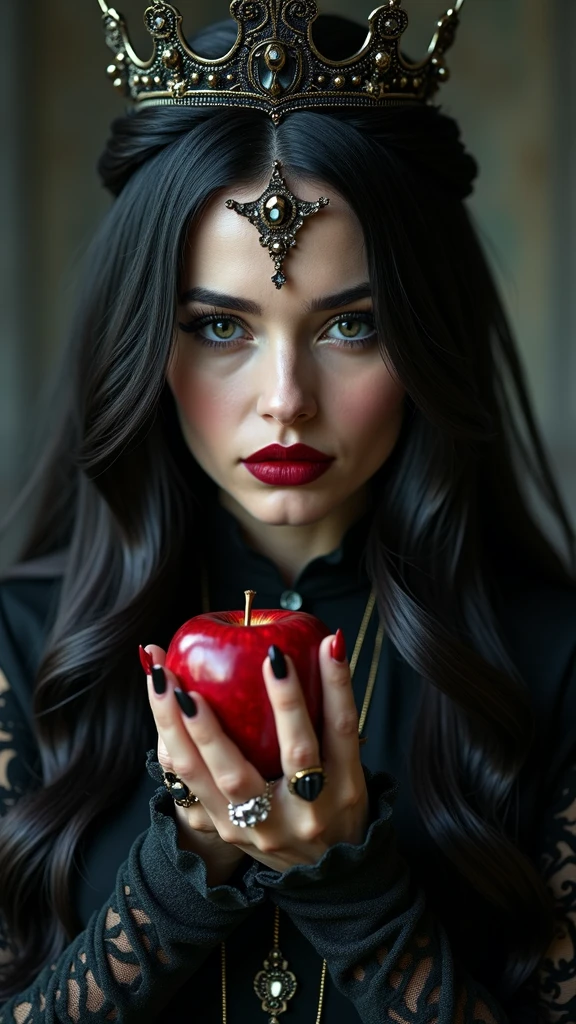 fille,cheveux longs noirs,reine noire,Accessoires,Pomme à la main,pommes empoisonnées,Reine Sorcière,rouge à lèvres, superposition,portrait femme brune