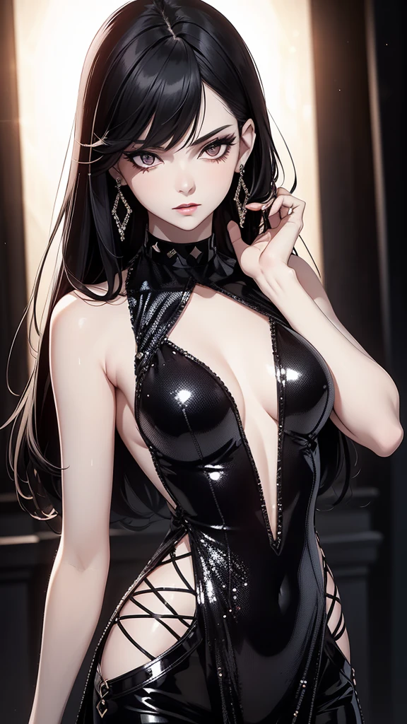 Pale skin, Beautiful slim fit girl, cool, stunning beauty, smug expression, glamerous, sexy, sleeveless sequin figure skating costume, intricate, highly detailed, choker, red-black, stylish black hair, jewelry, diamonds,looking at camera, closeup, 