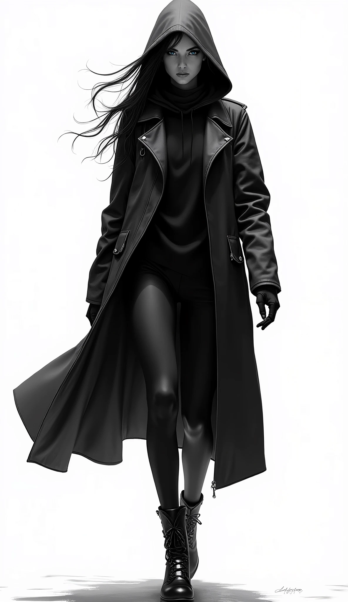 Concept art of a woman in a black and white suit and hoodie walking, inspired by Marek Okon and trending on Artstation. This neo-figurative piece draws influence from Spider-Gwen and the style of graphic artist Artgerm, showcasing extremely detailed and captivating visuals in the manner of Krenz Cushart and Artgerm.