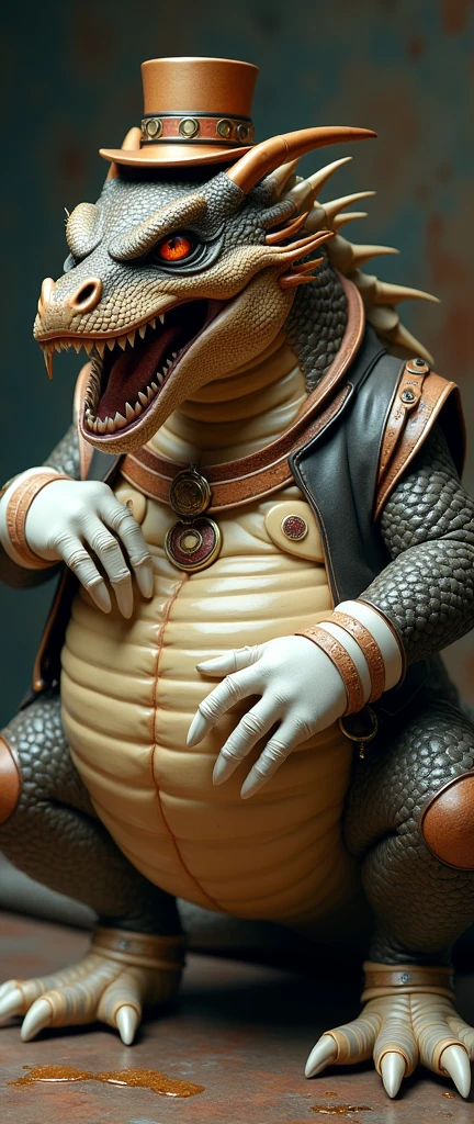 A naked, squatting, full body image of an overweight, steampunk, male anthropomorphic Dragon with a large penis and large testicles, bulging belly, having an orgasm, wearing a glossy leather collar around his neck, wearing glossy white rubber gloves on his hands and feet, wearing white spats on his feet, leather collar is glossy in texture, leather collar has a lot of detail, Gloves and spats have a lot of detail. The dragon is also wearing a glossy top hat. Top hat is shiny and glossy. Dragon is ejaculating sticky sperm from his penis by rubbing the shaft of the penis with his hand. The Dragon his in immense pleasure and has an evil grin, orgasm face.