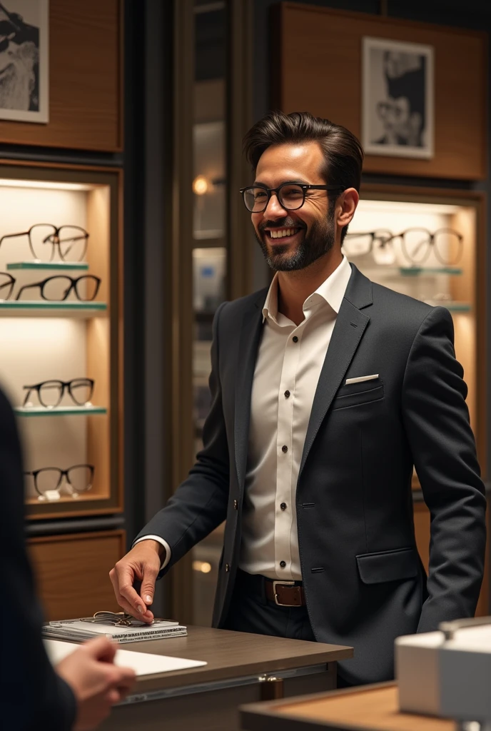 Draw a person named Carlos selling luxury glasses 