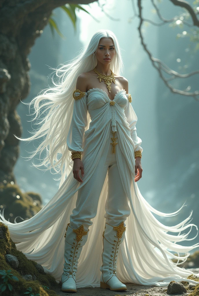 Woman, Indigenous, Pele listens, White hair, eye white , white jumpsuit, white boot, golden accessories