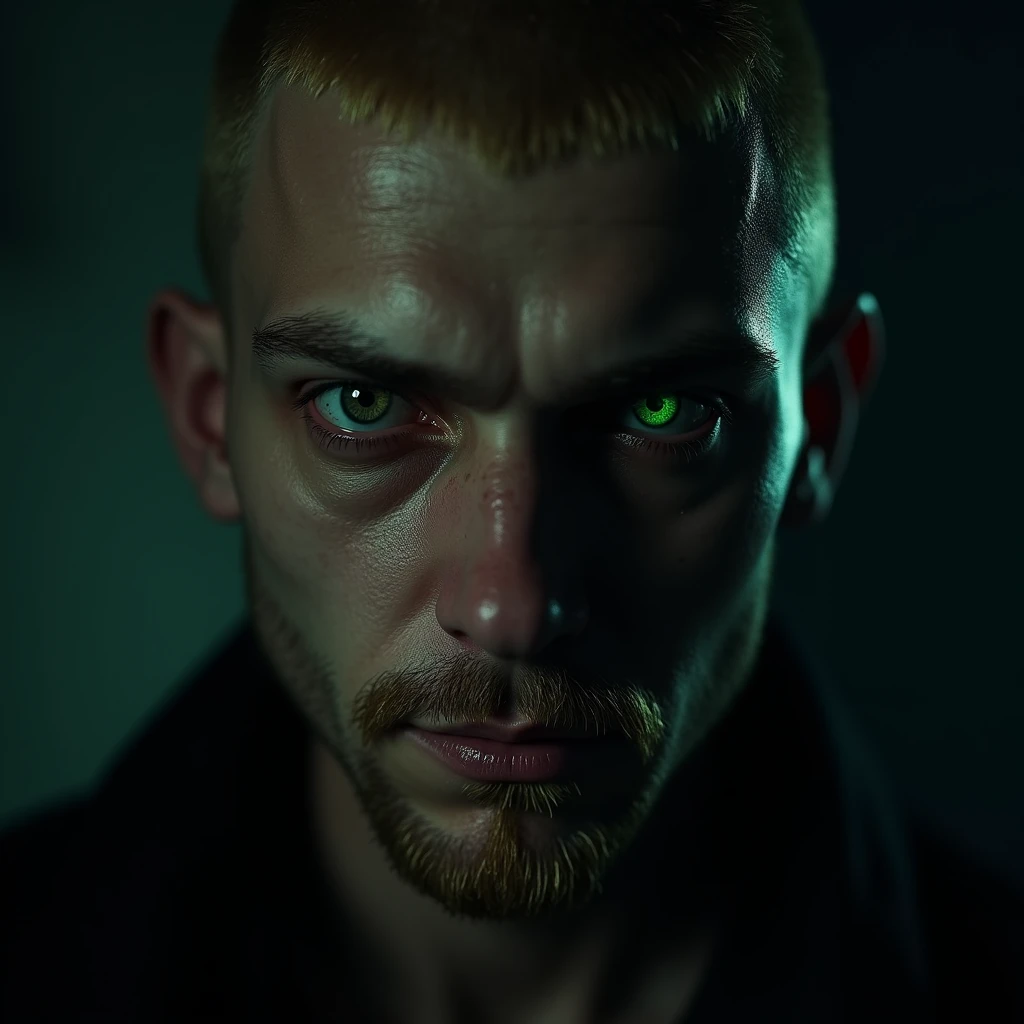 (Photorealism:1.2), high quality, 8K Ultra HD, A cinematic masterpiece unfolds: face close-up of a man with short blonde buzz-cut hairstyle, goatee,evil eyes looking at the camera. half side of the face a dark black shadow. shadow side has one glowing green eye, realistic, intricate details, cold colors. The scene is captured in 8K resolution with realistic lighting, pronounced hard shadows, and occasional lightning flashes, rendered with a 50mm lens at f/2.8 for optimal depth of field. The cold colors and somber atmosphere enhance the cinematic, photo-realistic quality.