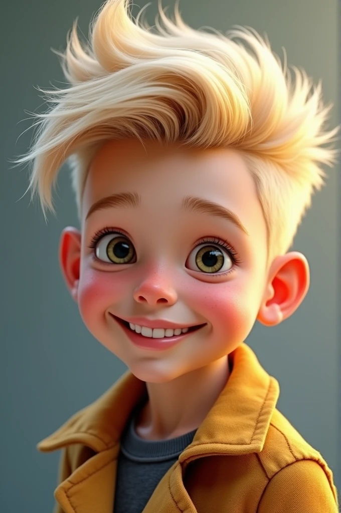 Model, boy, with blonde hair is styled in a modern and trendy manner, with a voluminous top that is swept to one side and slightly textured. The sides are closely trimmed, creating a contrast with the longer hair posing ‘ cute smile
