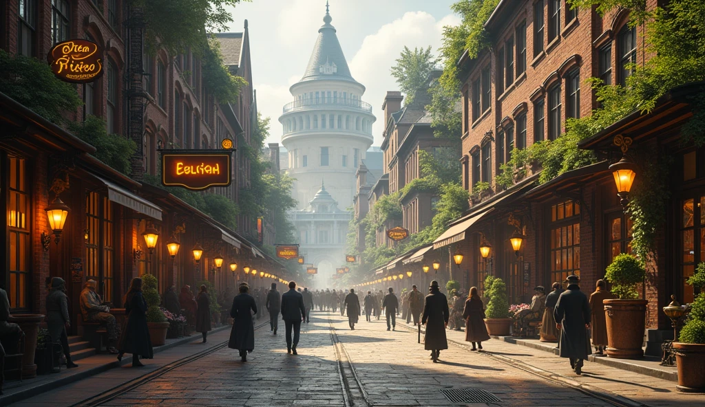 a street in a steampunk city with three paths an underground tunnel, an open street and a forested area.