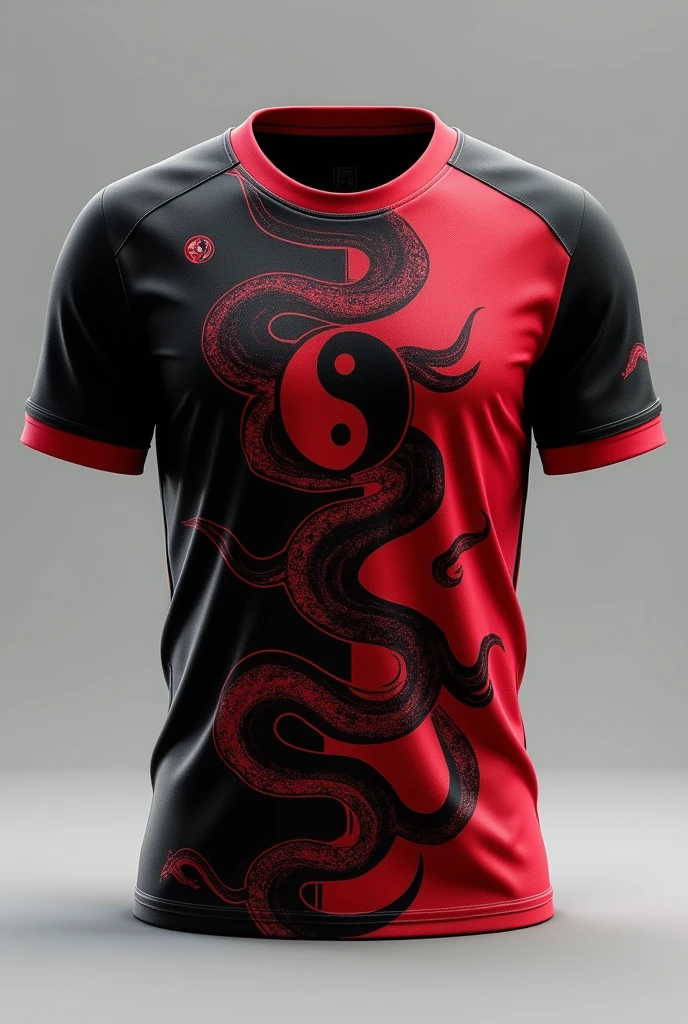 Create an image of an interclass shirt Team name Torra-Torra FC With a snake Color black and red With the symbol of the Ying Yang