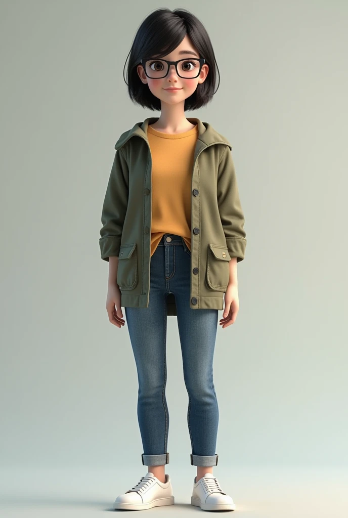 young woman avatar short build decent clothes round face black glasses medium body 3d