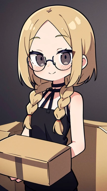 Beige hair color, center parted bangs, forehead exposed, no hair on the sides of the face, large glasses, black sleeveless hoodie, bob hair with reduced volume, long braids on both sides from the nape of the neck to below the chest, holding a large cardboard box filled with materials in both hands, gray eyes, shy smile, choker, adult woman, blushing cheeks, beautiful, black sleeveless hoodie, small character, lots of flowers in the background