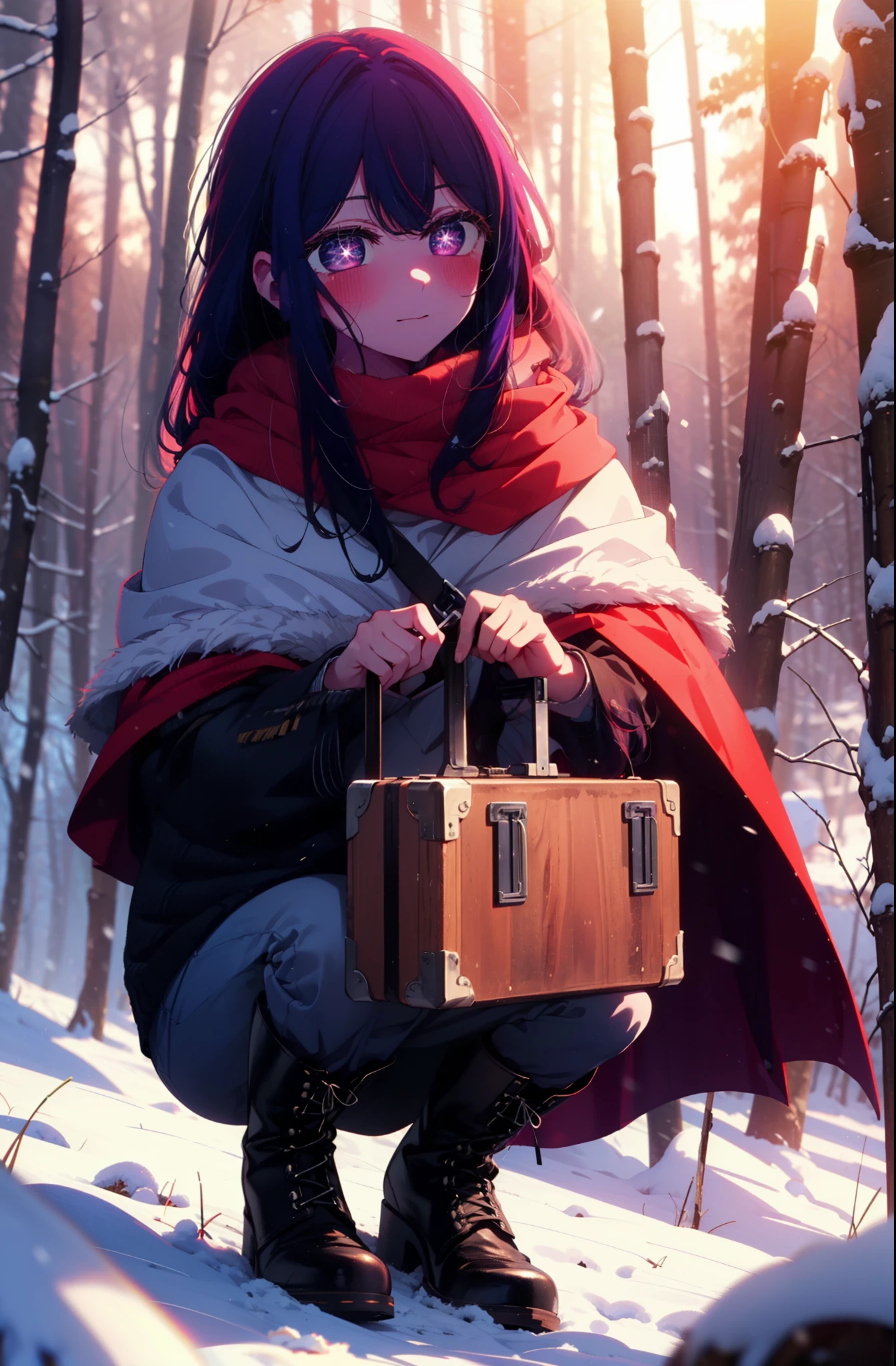 aihoshino, Ai Hoshino, Long Hair, bangs, (Purple eyes:1.1), Purple Hair, (Symbol-shaped pupil:1.5), smile,,smile,blush,white breath,
Open your mouth,snow,Ground bonfire, Outdoor, boots, snowing, From the side, wood, suitcase, Cape, Blurred, , forest, White handbag, nature, Squat, Mouth closed, Cape, winter, Written boundary depth, Black shoes, red Cape break looking at viewer, Upper Body, whole body, break Outdoor, forest, nature, break (masterpiece:1.2), Highest quality, High resolution, unity 8k wallpaper, (shape:0.8), (Beautiful and beautiful eyes:1.6), Highly detailed face, Perfect lighting, Highly detailed CG, (Perfect hands, Perfect Anatomy),