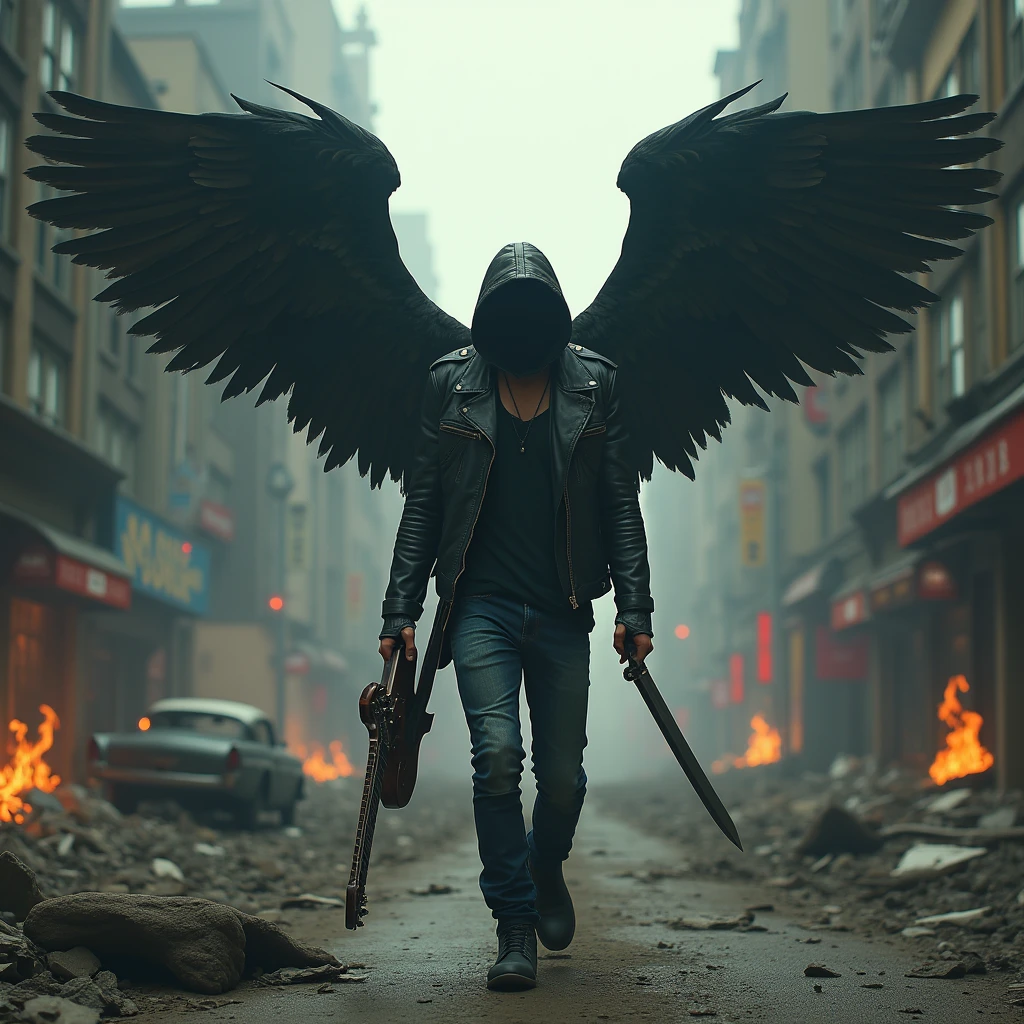 A fallen angel guitarist in a dystopian cityscape, A male figure with large, dark wings, hood, and dark attire, resembling a fallen angel, strides through a post-apocalyptic city. They are clad in a hooded leather jacket and jeans, and they hold a guitar in one hand and a katana in the other. The cityscape is engulfed in flames and smoke, with crumbling buildings and abandoned vehicles scattered throughout, create a sense of desolation and despair, The figure's expression and stance are ambiguous, leaving their intentions and motivations open to interpretation, 8k, Intricate details, depth of field, sharp focus, Cinematic natural Lighting, Deep Focus, f/22, Cinematic film still, shot on Sony a7R V, film grain, color graded, post-processed, cinematic lighting, 35mm film, best quality