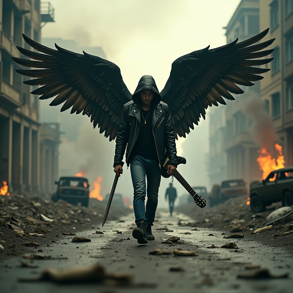 A fallen angel guitarist in a dystopian cityscape, A male figure with large, dark wings, hood, and dark attire, resembling a fallen angel, strides through a post-apocalyptic city. They are clad in a hooded leather jacket and jeans, and they hold a guitar in one hand and a katana in the other. The cityscape is engulfed in flames and smoke, with crumbling buildings and abandoned vehicles scattered throughout, create a sense of desolation and despair, The figure's expression and stance are ambiguous, leaving their intentions and motivations open to interpretation, 8k, Intricate details, depth of field, sharp focus, Cinematic natural Lighting, Deep Focus, f/22, Cinematic film still, shot on Sony a7R V, film grain, color graded, post-processed, cinematic lighting, 35mm film, best quality