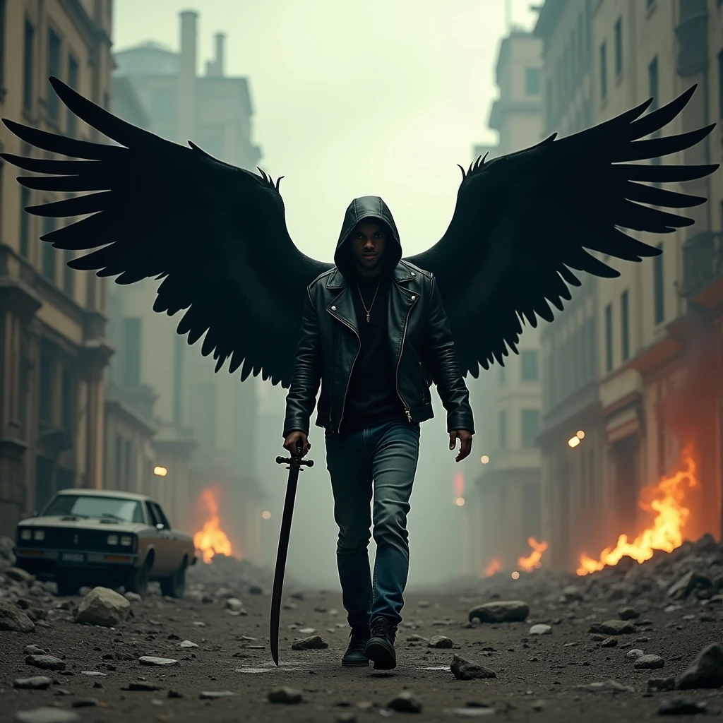A fallen angel guitarist in a dystopian cityscape, A male figure with large, dark wings, hood, and dark attire, resembling a fallen angel, strides through a post-apocalyptic city. They are clad in a hooded leather jacket and jeans, and they hold a guitar in one hand and a katana in the other. The cityscape is engulfed in flames and smoke, with crumbling buildings and abandoned vehicles scattered throughout, create a sense of desolation and despair, The figure's expression and stance are ambiguous, leaving their intentions and motivations open to interpretation, 8k, Intricate details, depth of field, sharp focus, Cinematic natural Lighting, Deep Focus, f/22, Cinematic film still, shot on Sony a7R V, film grain, color graded, post-processed, cinematic lighting, 35mm film, best quality