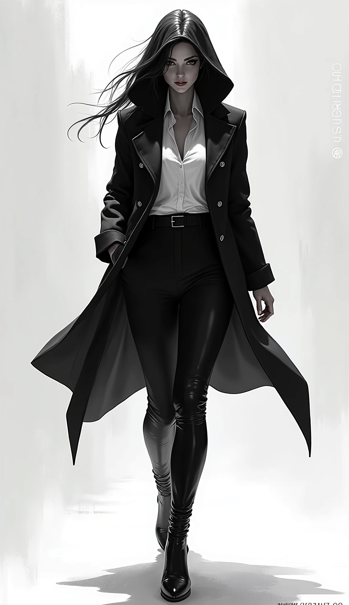 Concept art of a woman in a black and white suit and hoodie walking, inspired by Marek Okon and trending on Artstation. This neo-figurative piece draws influence from Spider-Gwen and the style of graphic artist Artgerm, showcasing extremely detailed and captivating visuals in the manner of Krenz Cushart and Artgerm.