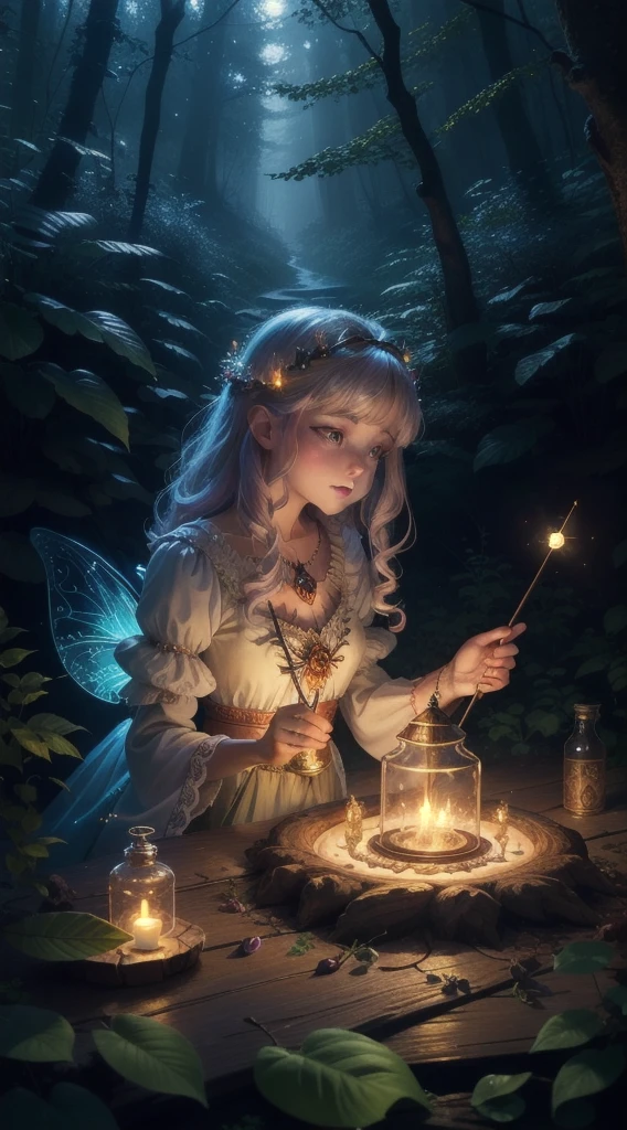 best quality,8k,HD,masterpiece,Ultra Detailed,lifelike,flash,Enchanted Forest,magical atmosphere,Amazing scenery,Colorful,Glowing fairy,queen of the forest,Charming witches,Carefully cast,French formation,Cute fawn,glow,Fluorescence,wand casting,Bottle filled with glow liquid,Ethereal atmosphere