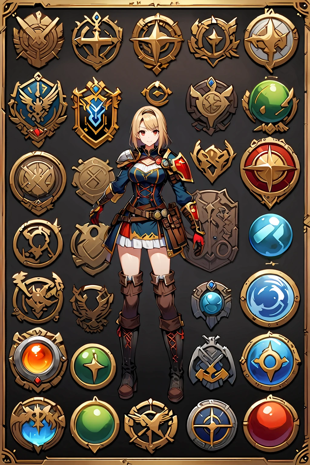 Framed Presentation of a gunner, woman character design sheet for a video game with detailed accessories, long boots, multiple icons, and fantasy clothes,mini skirt,gunner, Ball Gown, buttons to customize the character to your liking, sphere,(game icon),medal icon,rpg,(sheild icon),(magic icon),28 icons,