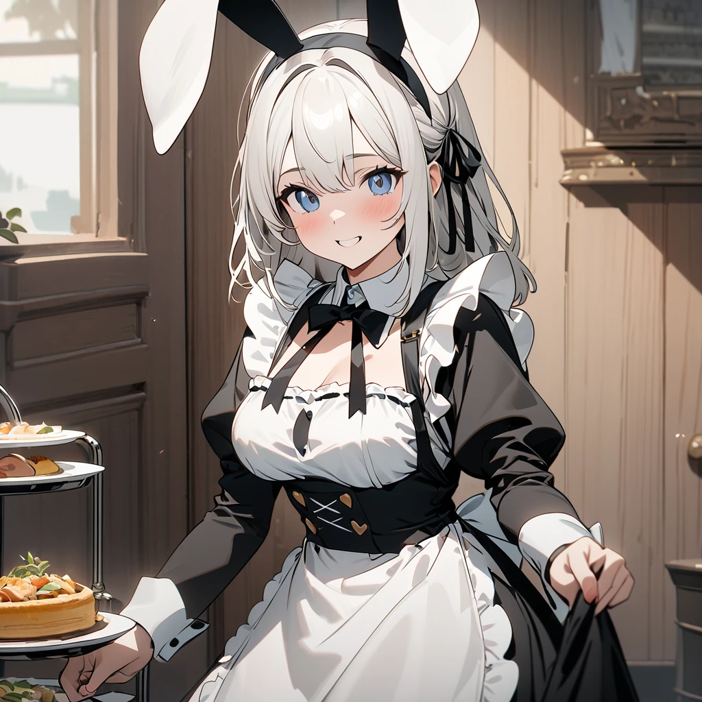 Top quality, masterpiece, high resolution, 8k, illustration of a bunny girl in a maid costume. The character wears a bunny girl outfit that is a variation on the classic maid outfit, with a black and white maid outfit decorated with frills and ribbons, and rabbit ears and a tail. The background depicts a room in a classic Western-style レストラン, giving the scene an overall cute and elegant atmosphere,Serve food with the best smile