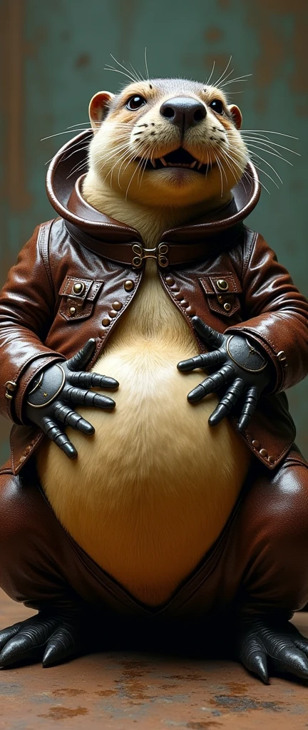 A naked, squatting, full body image of an overweight, steampunk, male anthropomorphic Otter with a large ????? and large testicles, bulging belly, having an orgasm, wearing a glossy leather collar around his neck, wearing glossy white rubber gloves on his hands and feet, wearing white spats on his feet, leather collar is glossy in texture, leather collar has a lot of detail, Gloves and spats have a lot of detail. The Otter is also wearing a glossy top hat. Top hat is shiny and glossy. Otter is ejaculating sticky sperm from his ????? by rubbing the shaft of the penis with his hand. The Otter his in immense pleasure and has an evil grin, ?????? face.