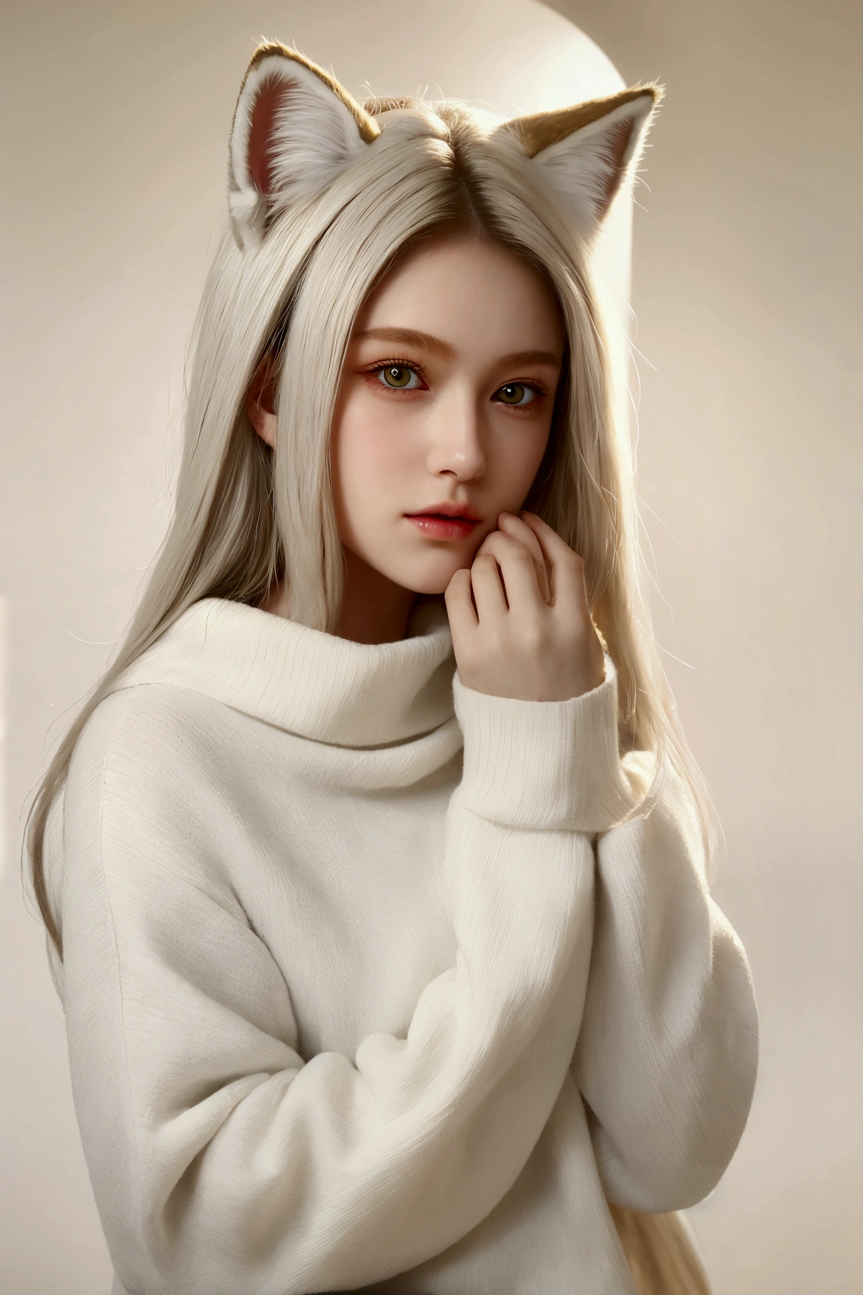 ((Best quality)), ((masterpiece)), boy, In a white sweater, fox ears, white long hair, European appearance, yellow pupils