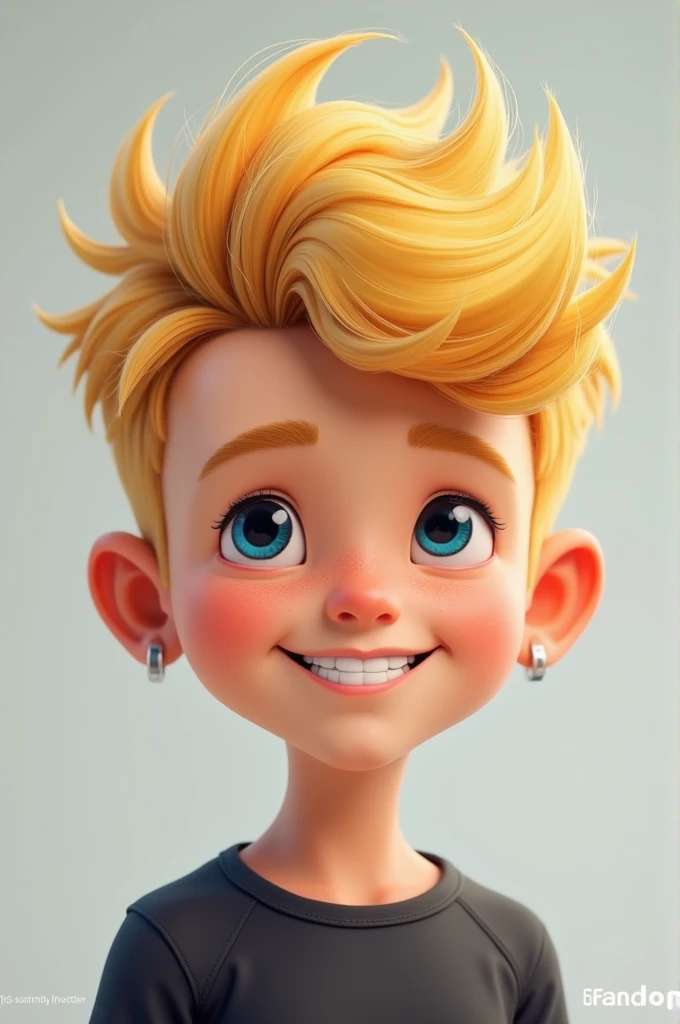 Model lookig young boy, with blonde hair is styled in a modern and trendy manner, with a voluminous top that is swept to one side and slightly textured. The sides are closely trimmed, creating a contrast with the longer hair posing ‘ cute smile