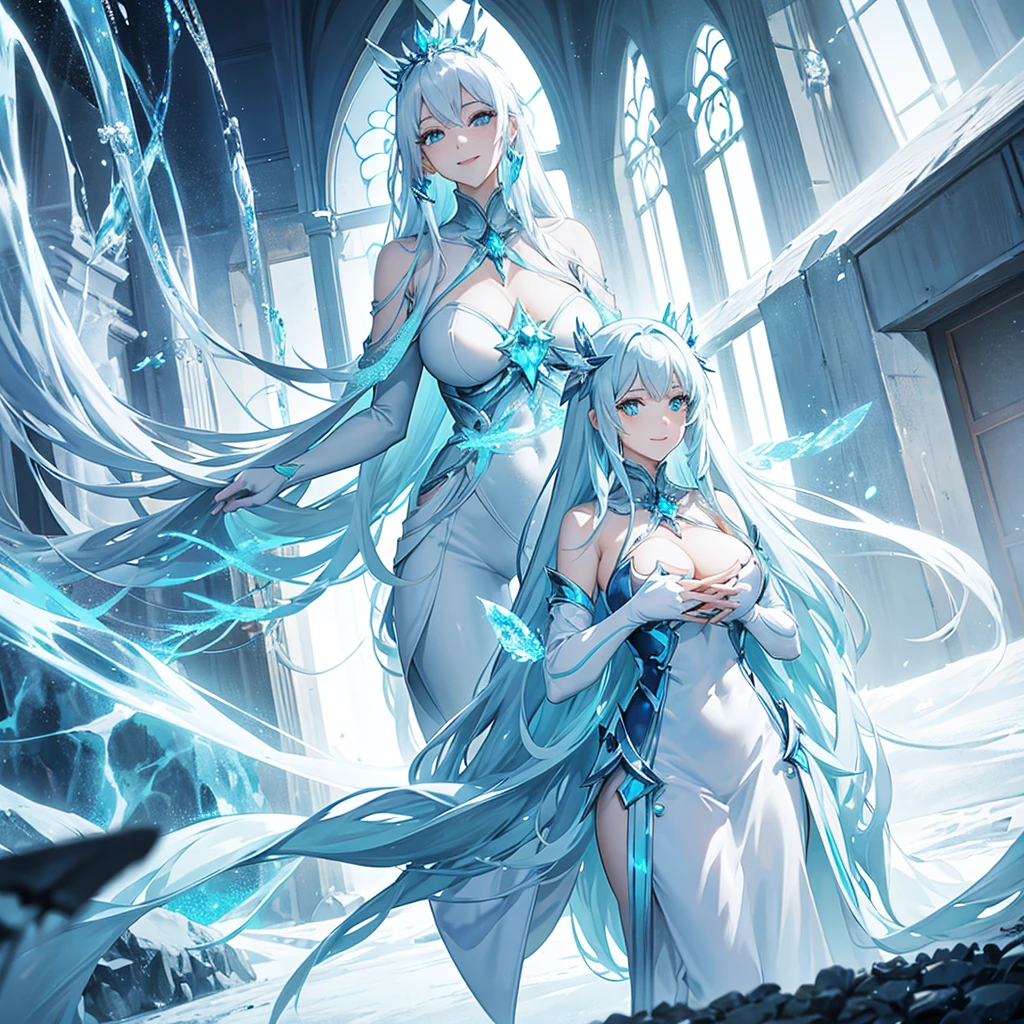 Anime ice princess full body view with perfect hands, huge Breasts,white hair, aqua eyes, ice woman, hands hidden, living room, smile, ice world