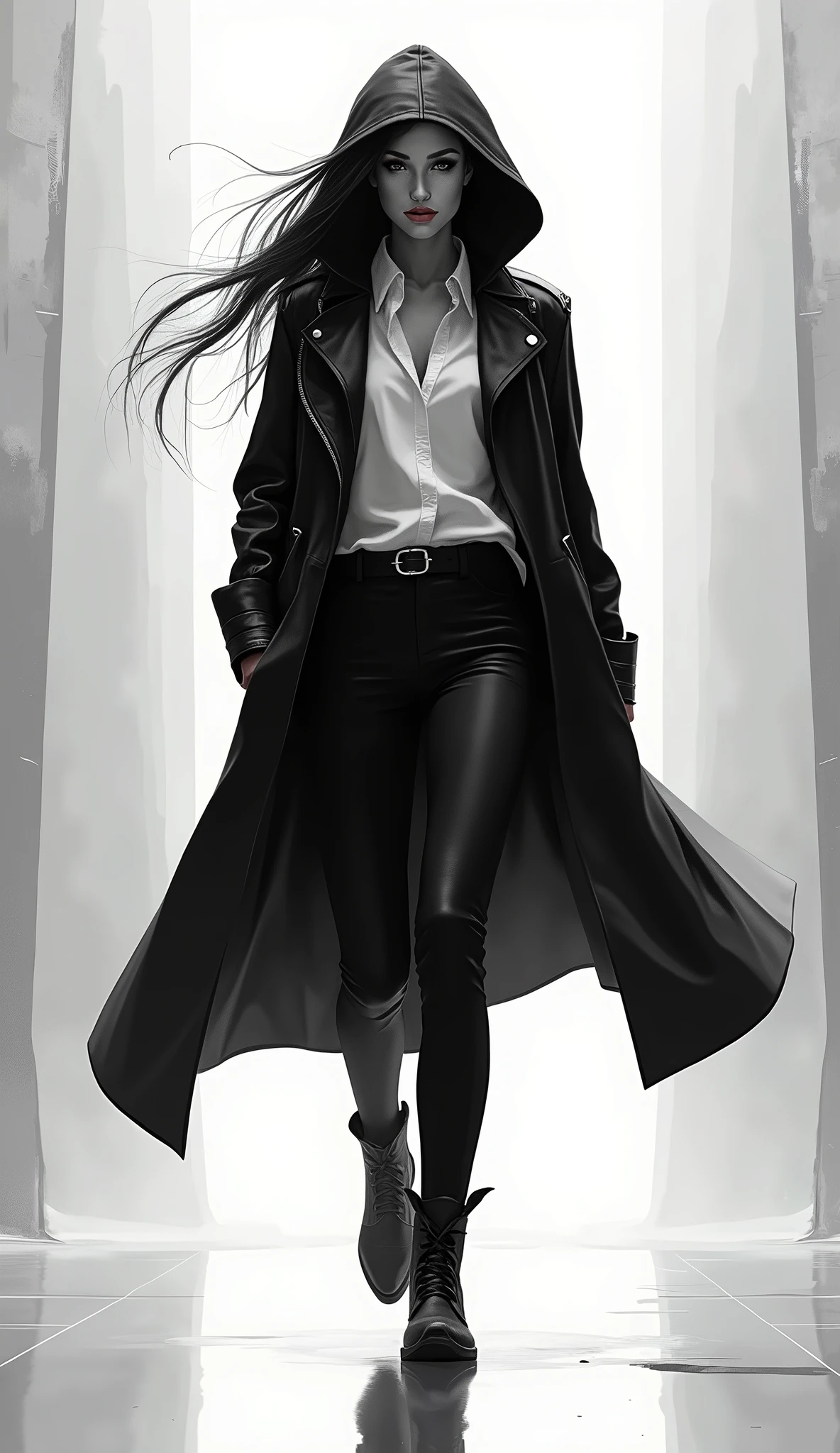 Concept art of a woman in a black and white suit and hoodie walking, inspired by Marek Okon and trending on Artstation. This neo-figurative piece draws influence from Spider-Gwen and the style of graphic artist Artgerm, showcasing extremely detailed and captivating visuals in the manner of Krenz Cushart and Artgerm.