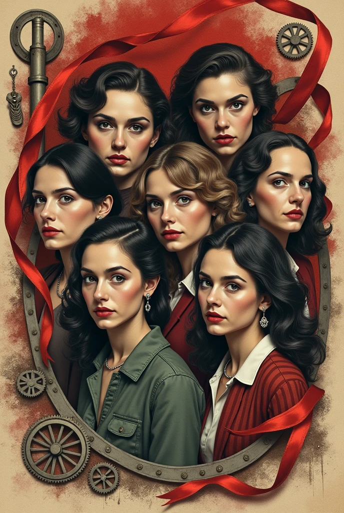 (best quality,4k,highres,masterpiece:1.2),(realistic,photorealistic,photo-realistic:1.37),portraits,Charlie Waters' women,realistic lithograph sketch portraits,flowers,[gears],pipe,dieselpunk,multi-colored ribbons,old paper texture,extremely detailed,partially red-toned photograph,monochrome art