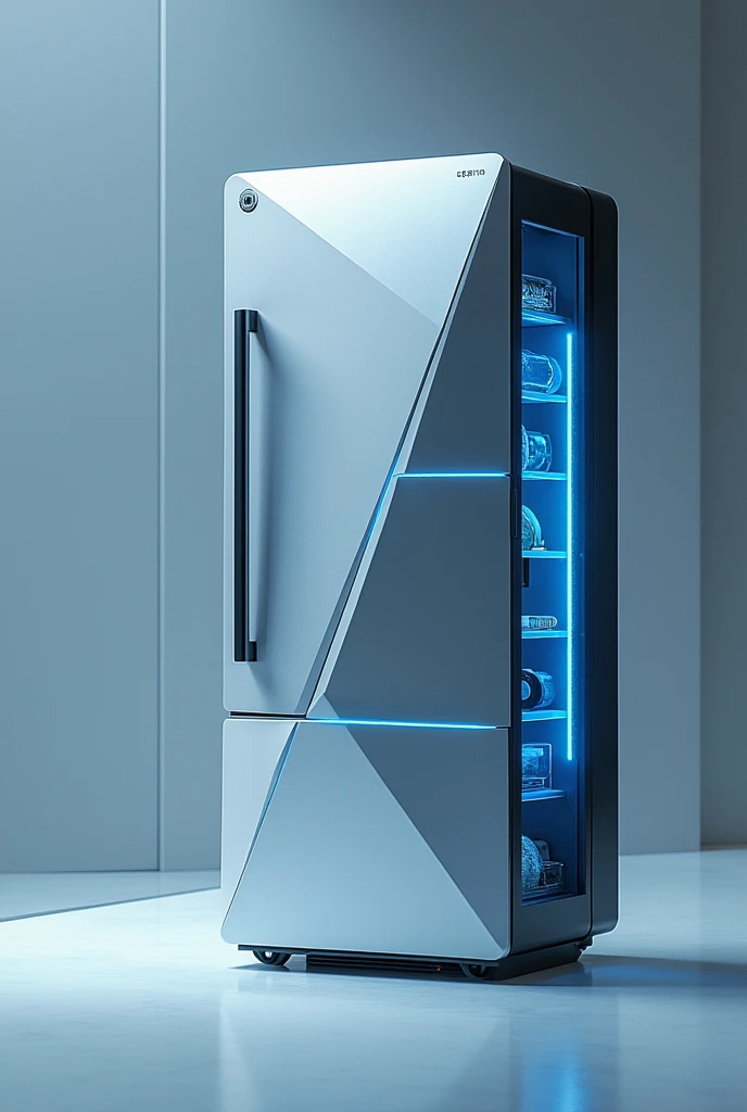 Make a geometric design of a refrigerator with cold themes. And the name cold tech and technical slogan of cold