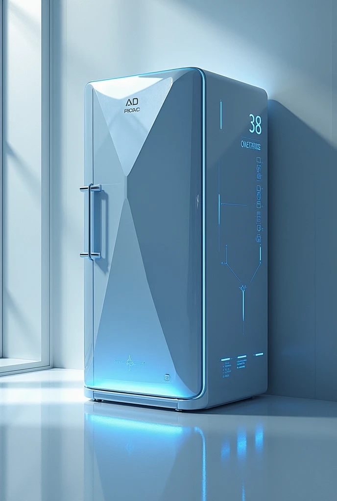 Make a geometric design of a refrigerator with cold themes. And the name cold tech and technical slogan of cold