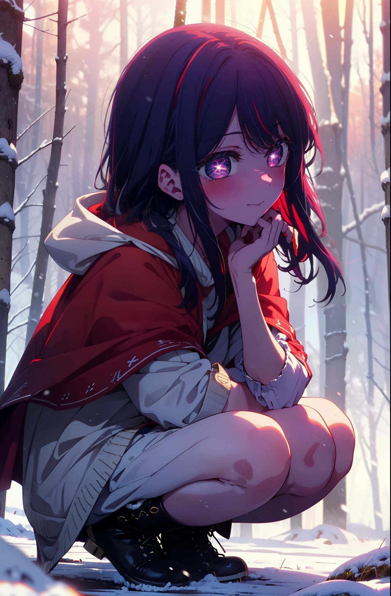 aihoshino, Ai Hoshino, Long Hair, bangs, (Purple eyes:1.1), Purple Hair, (Symbol-shaped pupil:1.5), smile,,smile,blush,white breath,
Open your mouth,snow,Ground bonfire, Outdoor, boots, snowing, From the side, wood, suitcase, Cape, Blurred, , forest, White handbag, nature, Squat, Mouth closed, Cape, winter, Written boundary depth, Black shoes, red Cape break looking at viewer, Upper Body, whole body, break Outdoor, forest, nature, break (masterpiece:1.2), Highest quality, High resolution, unity 8k wallpaper, (shape:0.8), (Beautiful and beautiful eyes:1.6), Highly detailed face, Perfect lighting, Highly detailed CG, (Perfect hands, Perfect Anatomy),