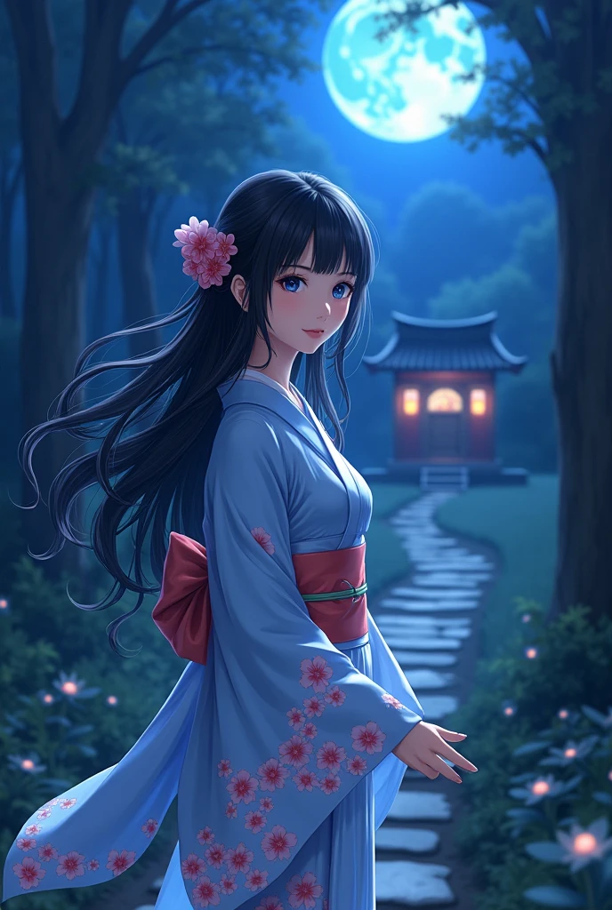 long black hair anime woman with blue eyes in a light blue yukata with Pink flowers, standing on a forest in the night with a blue moon in the sky and a classic japanese house with lights up in the background and a stone path