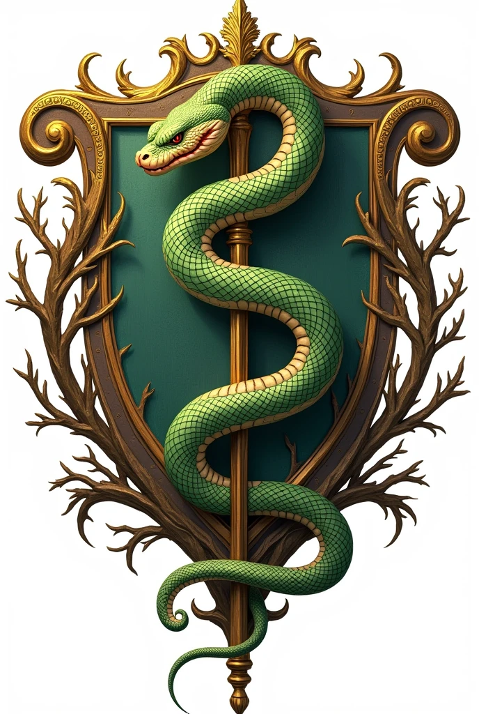 Create a Logo PNG Coat of Arms Heraldic Medicine, Asclepius rod (can&#39;t have wings)
Aggressive Snake Shades of Green (predominantly) and gold with details Professional drawing style with a touch of realism Branches and details around the coat of arms Branches inside the coat of arms overcolored with shadows With text strip More detailed
