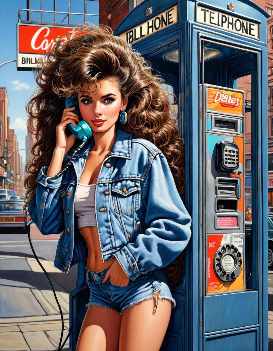 a picture of the 80s girl with 80s brunette big hair style, wears 80 denim jackets, is talking in the iconic 80s street side pay phone booth with urban 80s town scene in background, insanely detailed and intricat, Don Lawrence style