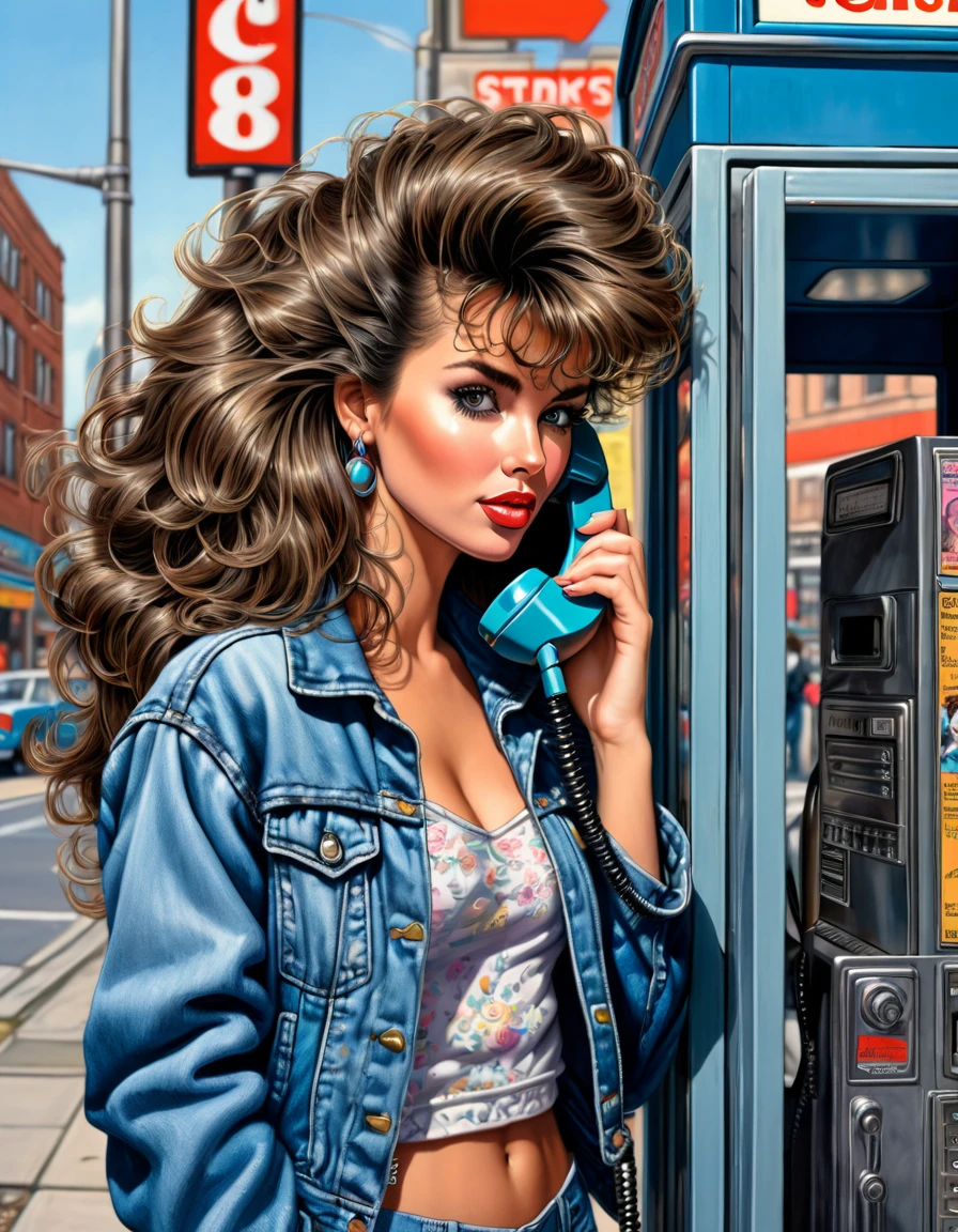 a picture of the 80s girl with 80s brunette big hair style, wears 80 denim jackets, is talking in the iconic 80s street side pay phone booth with urban 80s town scene in background, insanely detailed and intricat, Don Lawrence style