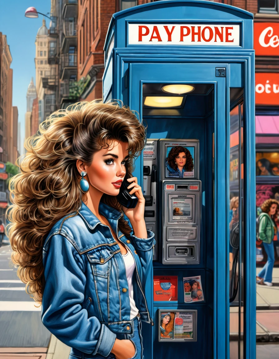 a picture of the 80s girl with 80s brunette big hair style, wears 80 denim jackets, is talking in the iconic 80s street side pay phone booth with urban 80s town scene in background, insanely detailed and intricat, Don Lawrence style